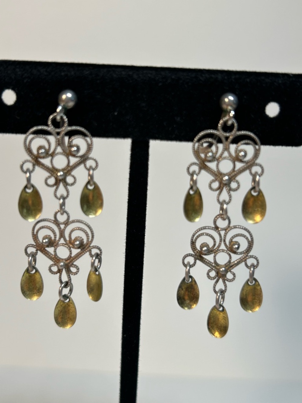 Norwegian Solje 935 Double Heart Filigree 5 Tear Chandelier Screwback earrings